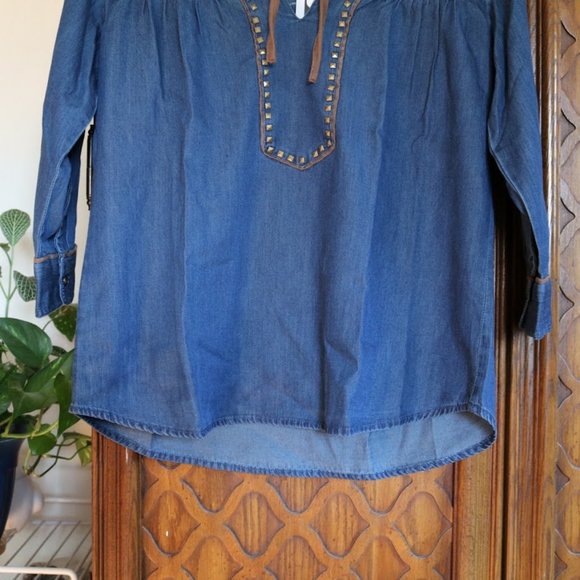 Hannah Tie Neck Denim Studded Peasant Top Tunic  – NWT! - Picture 6 of 13